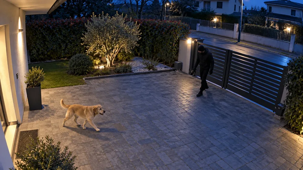 Esempio illustrativo da telecamera: un cane di media taglia attraversa il cortile e una persona entra nell’area protetta